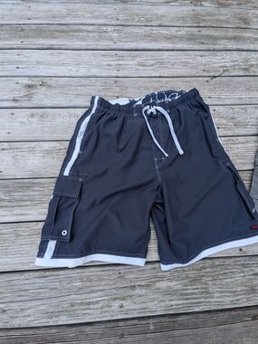 Authentic Vintage 90', Early 2000's Navy and White Cargo Swim Shorts